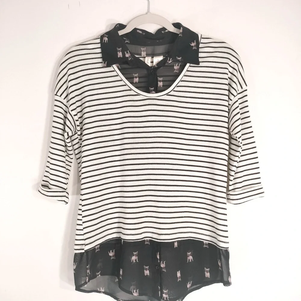 French Bulldog Print/Striped Top; Red Camel; Layered Hem, 3/4 Sleeve